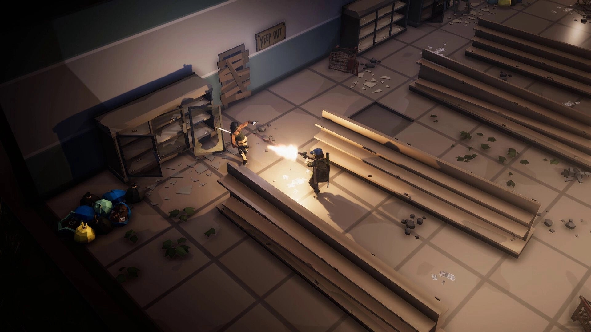 As One We Survive: Survivor fires at an enemy between empty store aisles in a ruined supermarket.