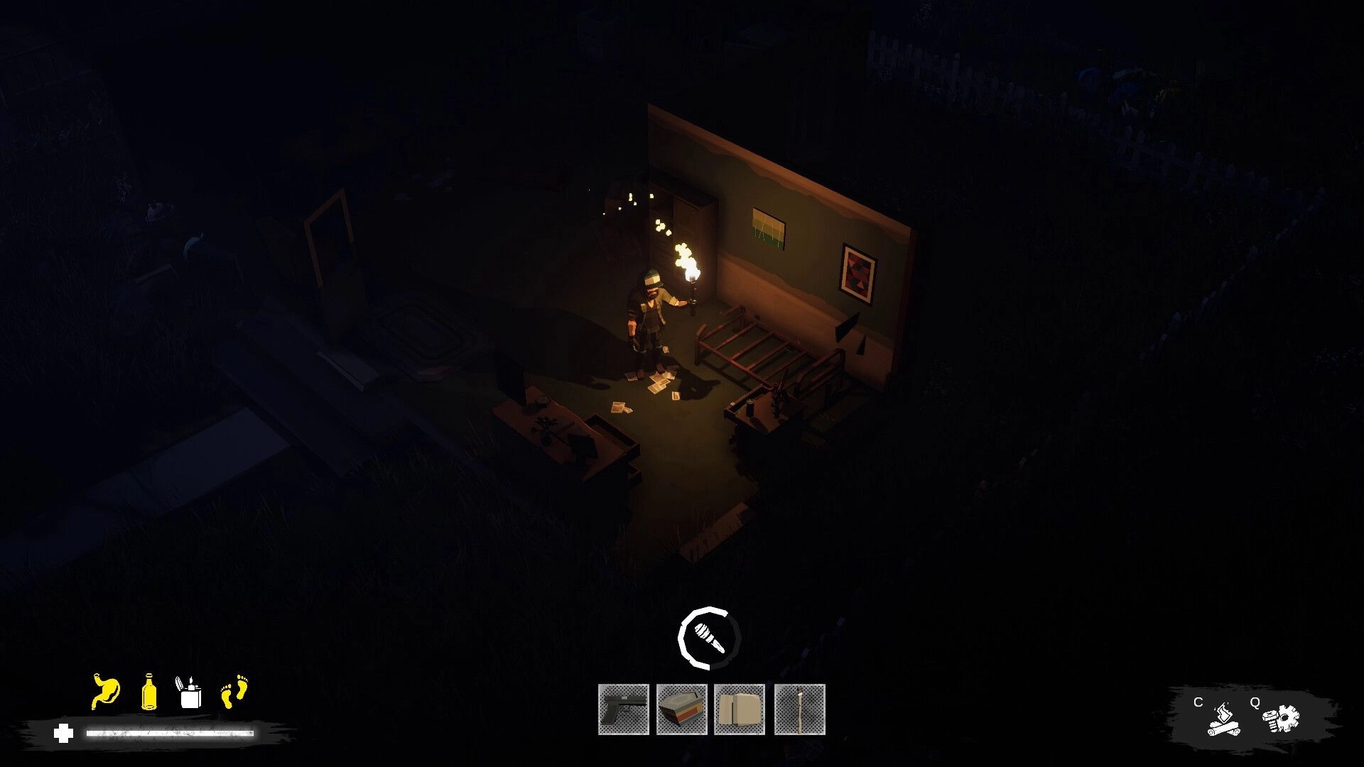 As One We Survive: Survivor holds a torch in a dark room with bed and loot, hotbar UI below.