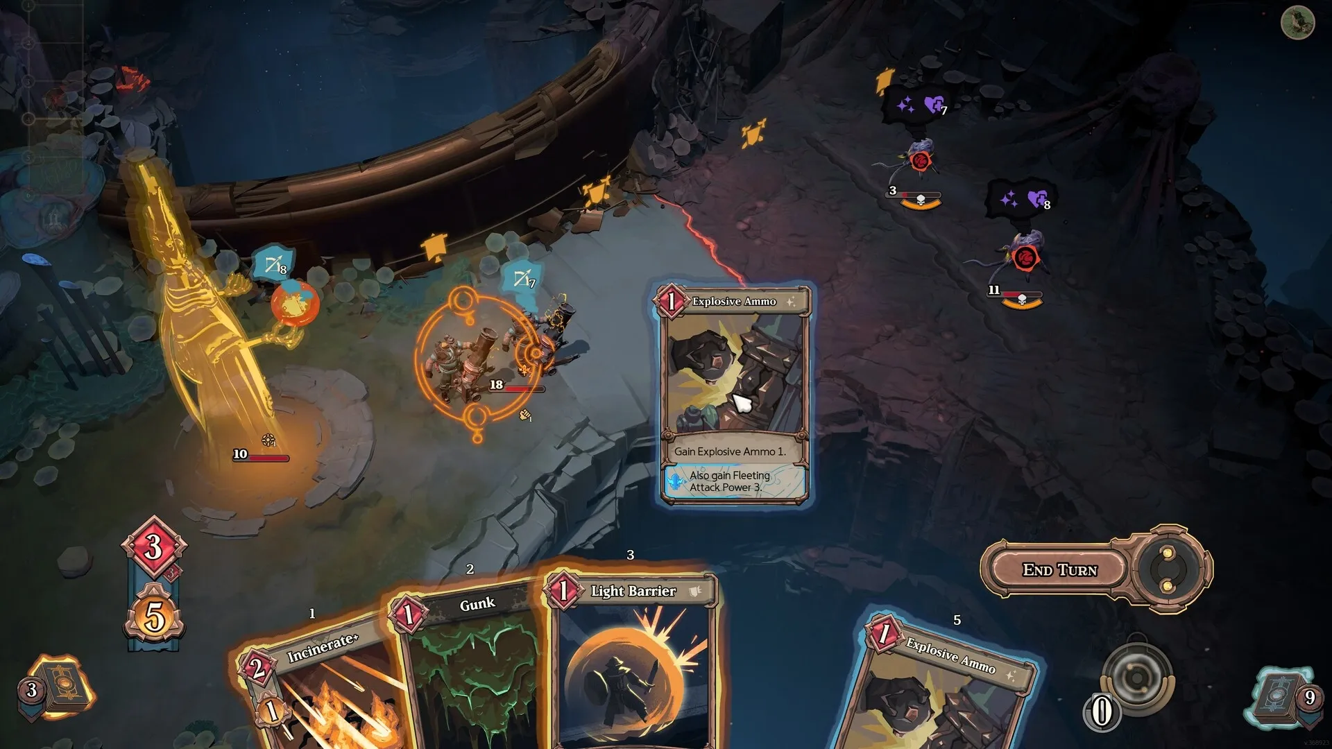 As We Descend: Tactical card battle with allies facing off against enemies on a rugged, dark terrain.