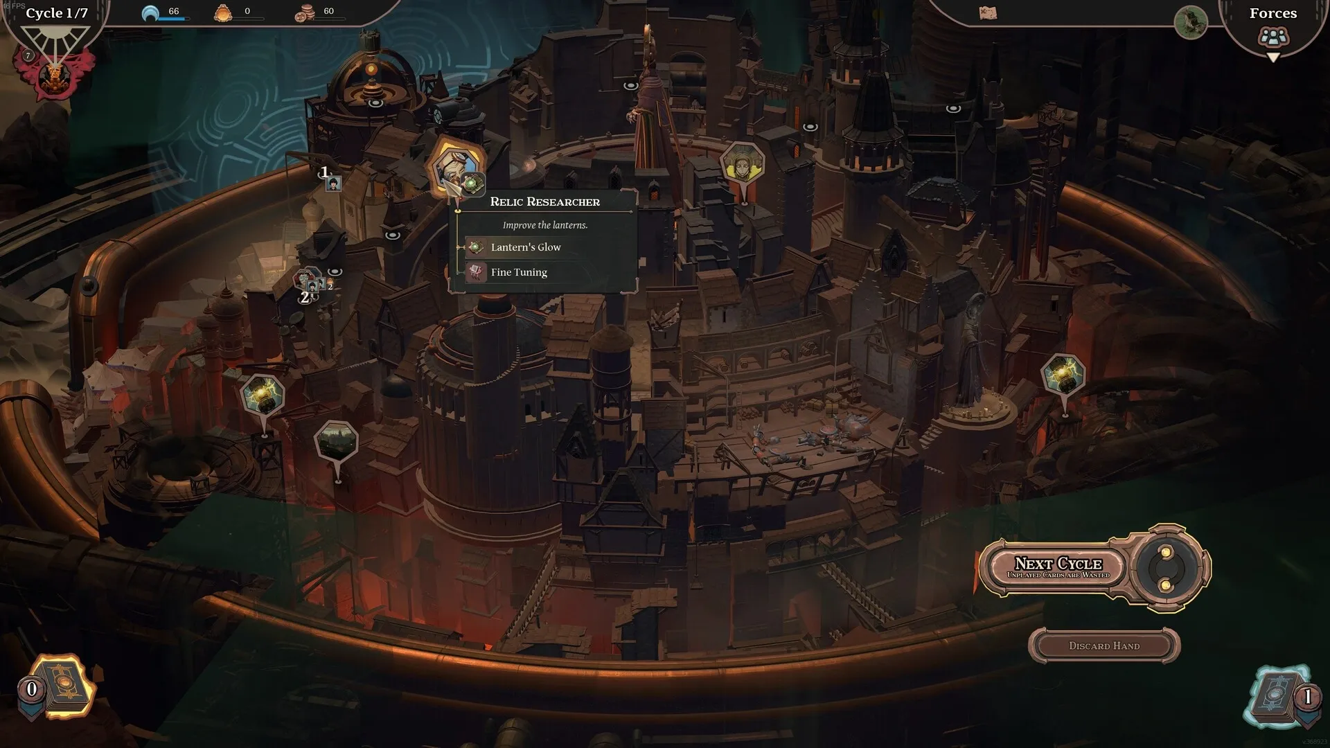 As We Descend: Overhead view of city map with relic researcher options and next cycle button visible