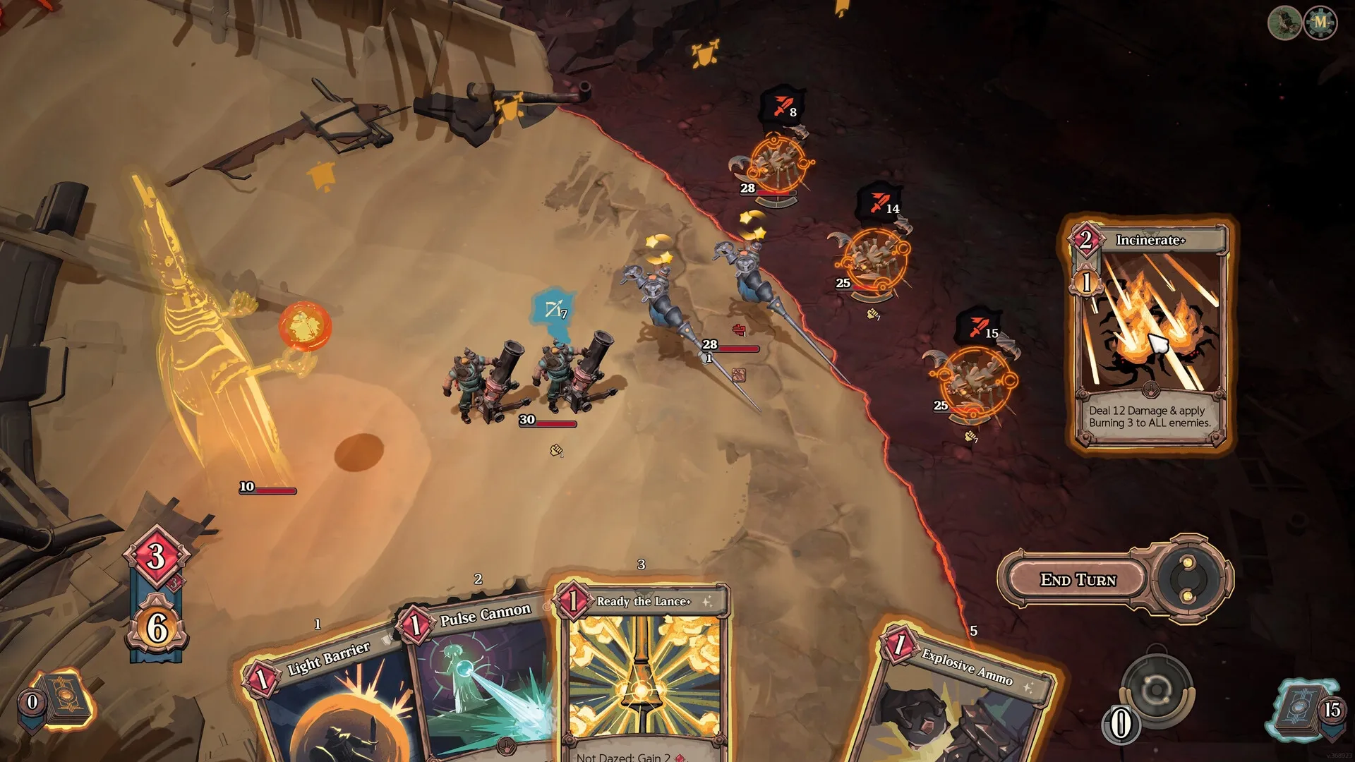 As We Descend: Player uses cards against skeletal enemies on a sandy battlefield with UI elements visible.