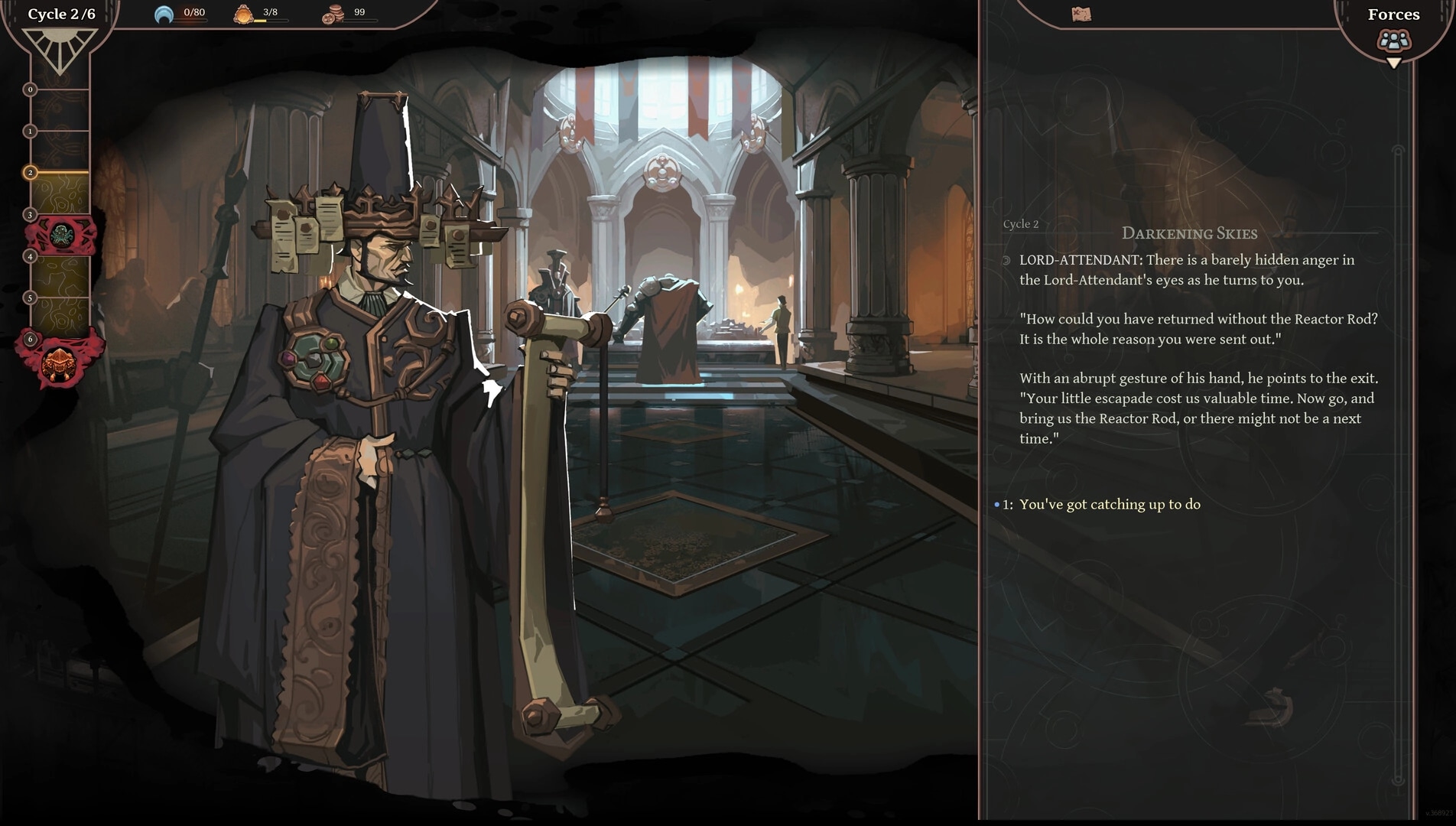 As We Descend: Lord-Attendant confronts player in a grand hall; dialogue options on the right screen.