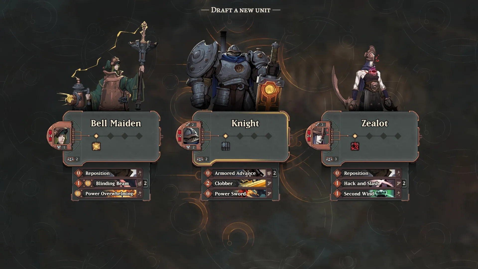 As We Descend: Character selection of Bell Maiden, Knight, and Zealot in unit drafting screen