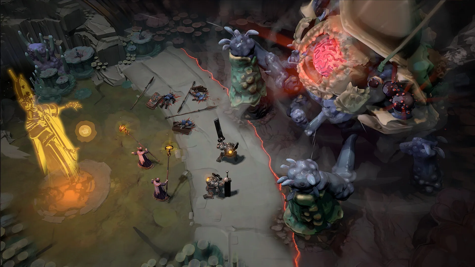 As We Descend: Heroes confront a massive creature in a rocky landscape with glowing magical elements