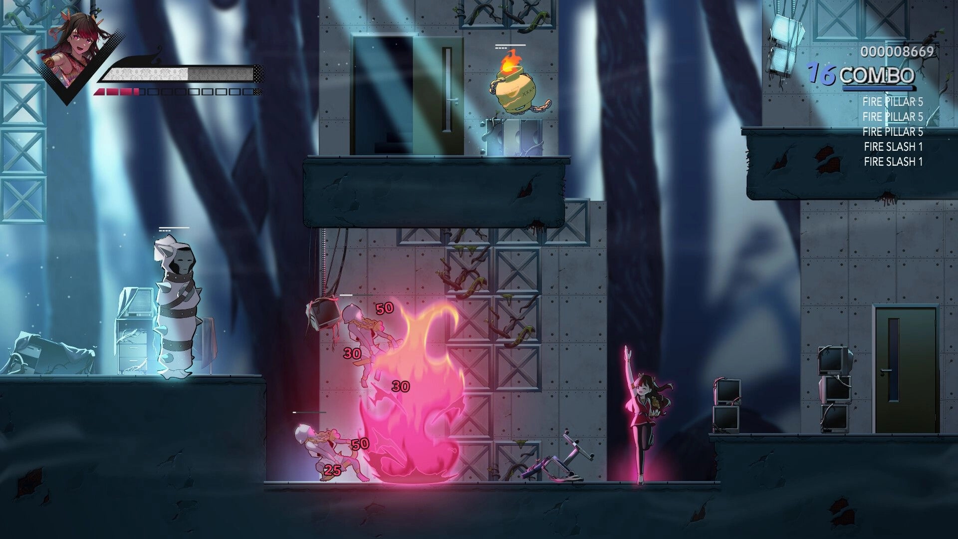 Asbak: Player character battling demons with fire abilities in an industrial, platformer environment