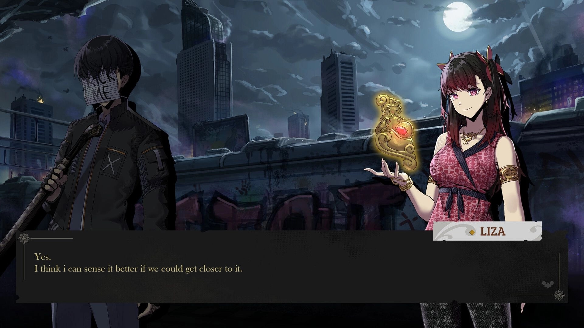 Asbak: Liza holding a glowing artifact, speaking to masked character on a rooftop under moonlit sky.