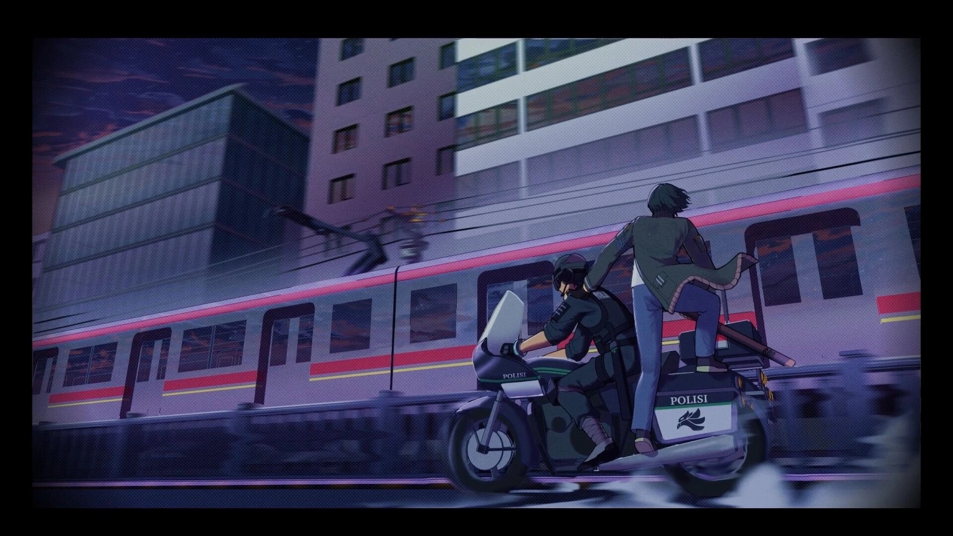 Asbak: Character riding motorcycle beside speeding train in urban night setting