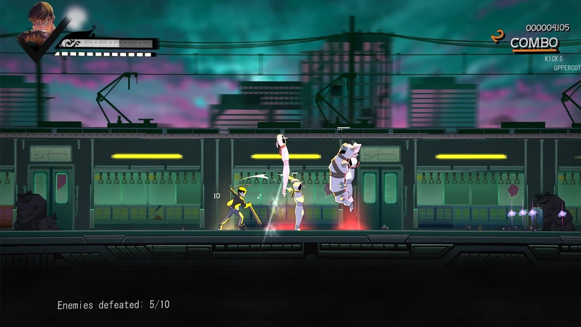 Asbak: Player character battles demons on a moving train with urban skyline in the background