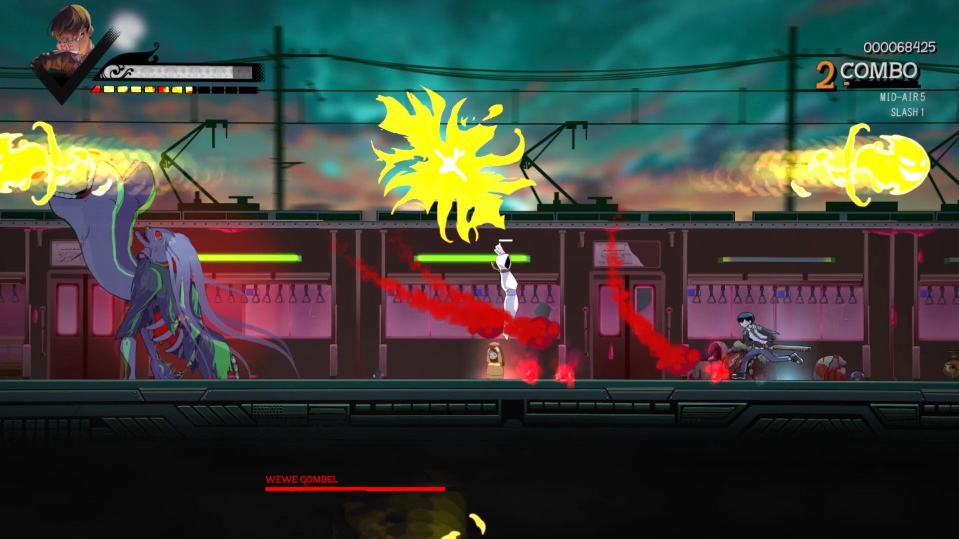 Asbak: Mid-air combat with demons on a moving train, fiery attacks and combo meter visible