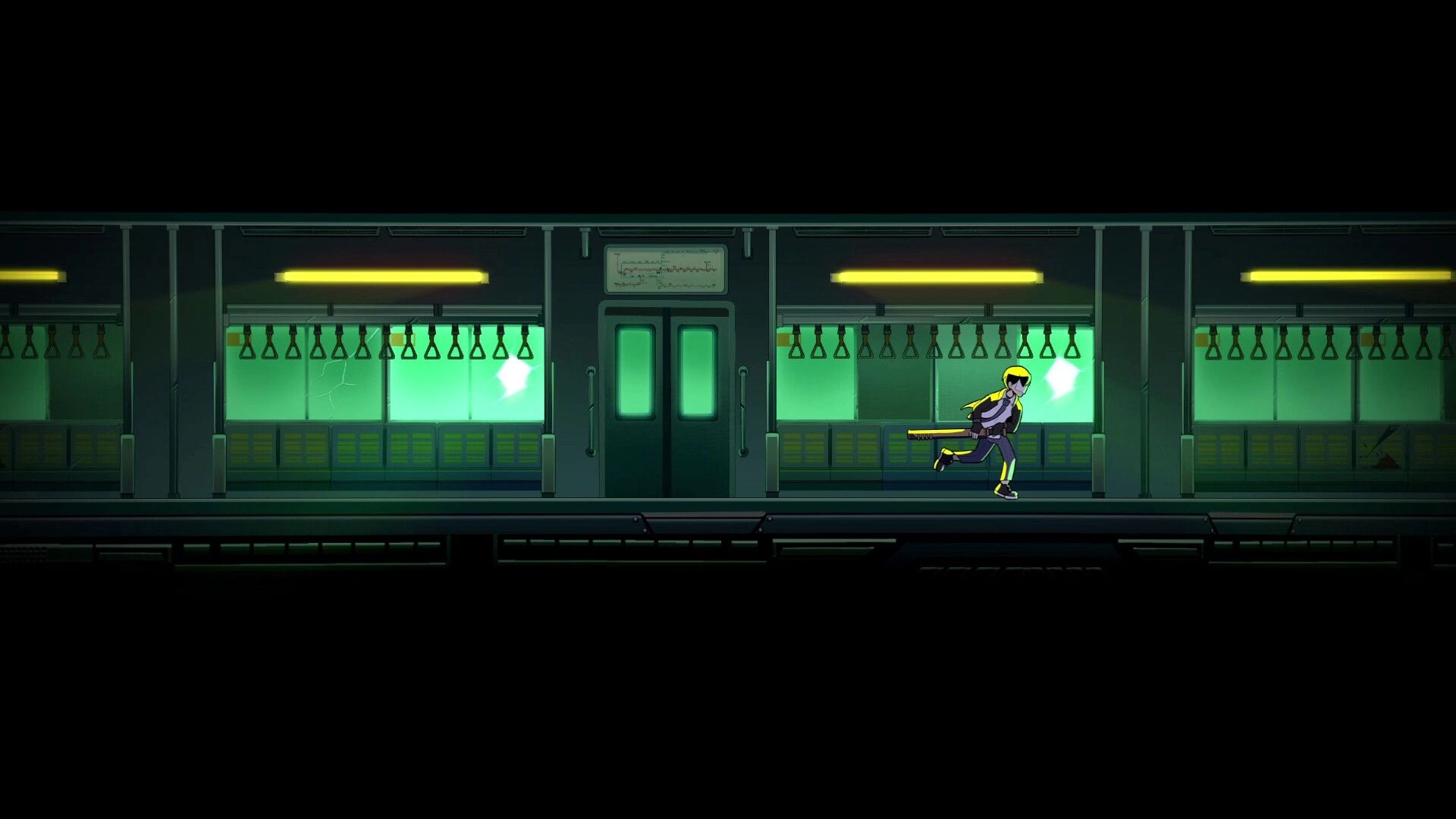 Asbak: Player character sprinting through a dimly lit train car with green-tinted windows and handrails.