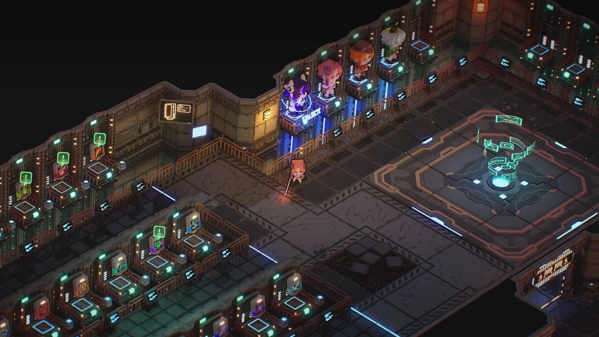 Ascend to ZERO: Character selection room with holographic displays and futuristic control panels