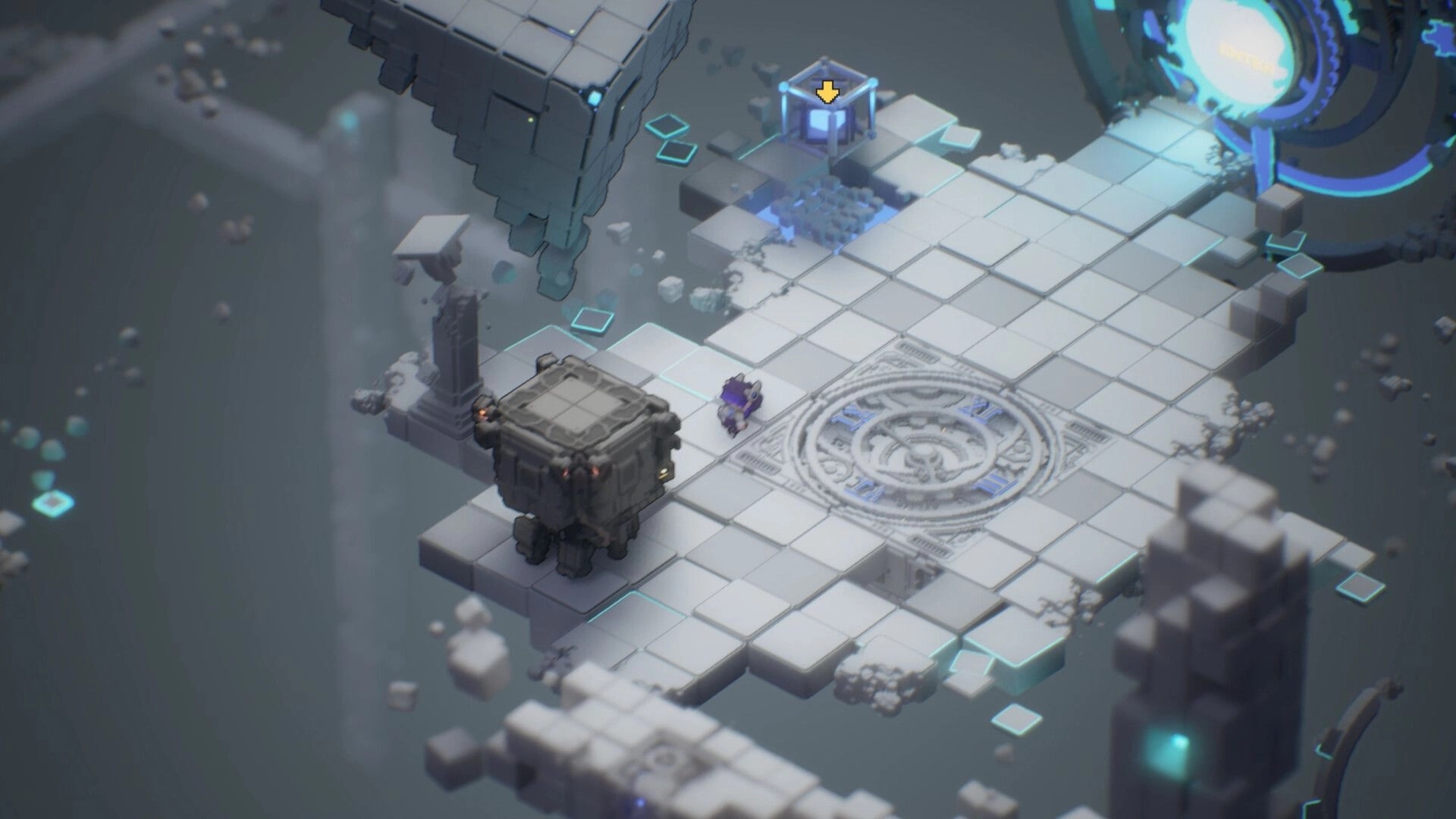 Ascend to ZERO: Character navigates floating tile platform with futuristic gate and glowing cube nearby