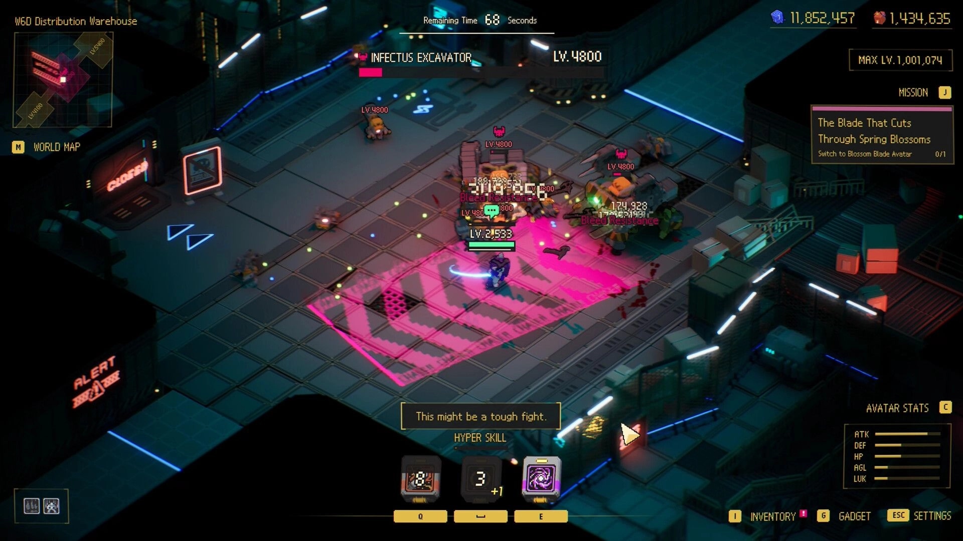 Ascend to ZERO: Player battles enemies in a neon-lit warehouse with health bars and mission display visible.