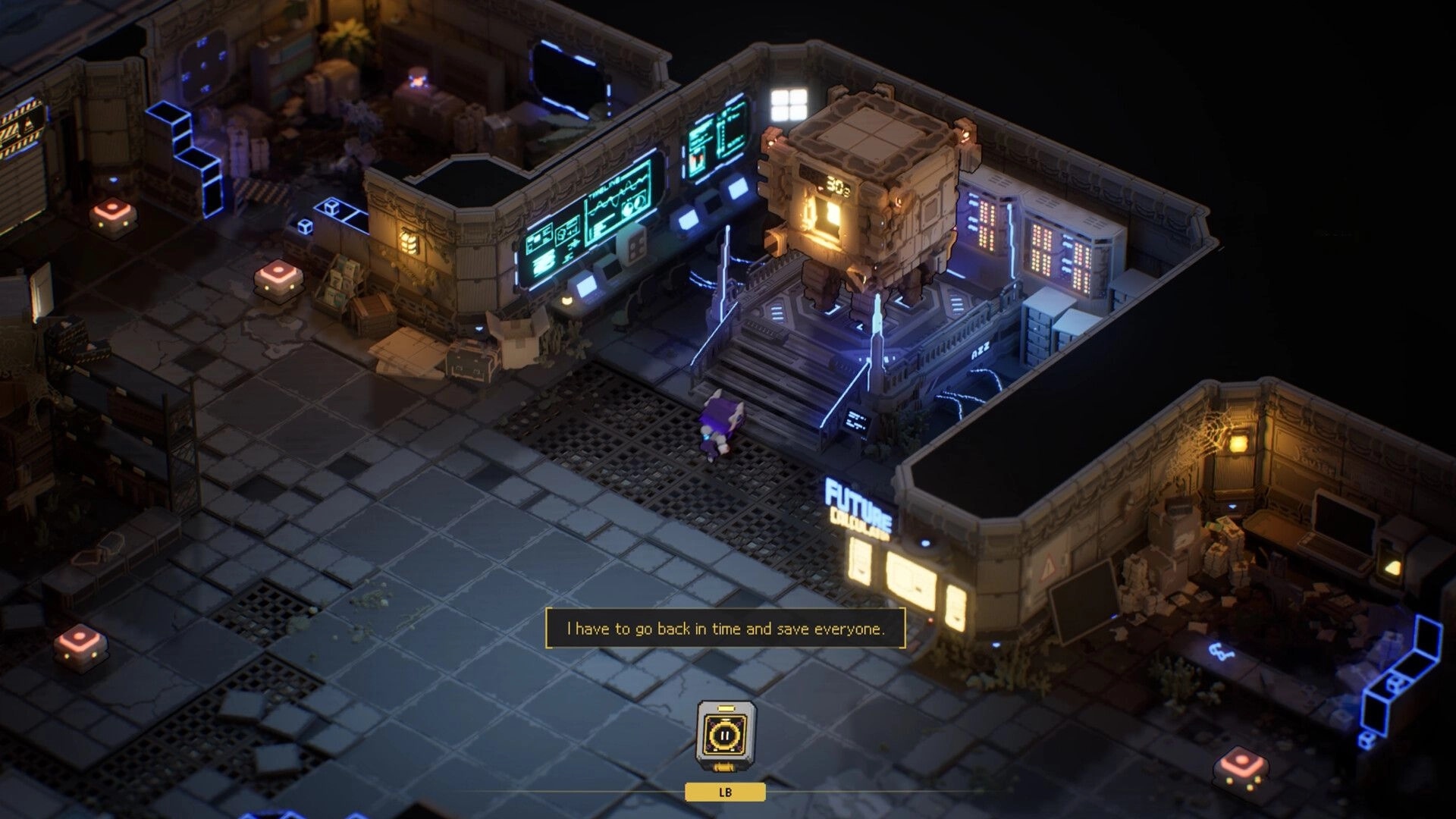 Ascend to ZERO: Character in futuristic control room with monitors and time-travel device nearby