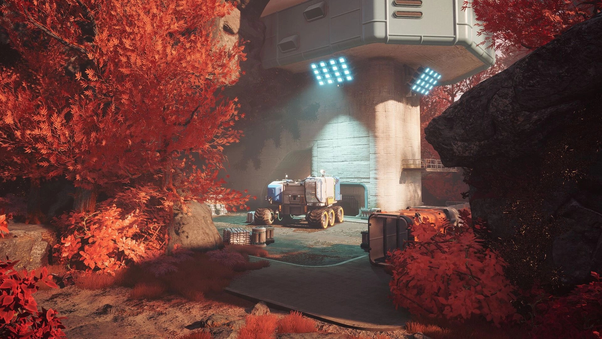 ASCENDANT: Futuristic vehicle parked under structure in vibrant red forest environment