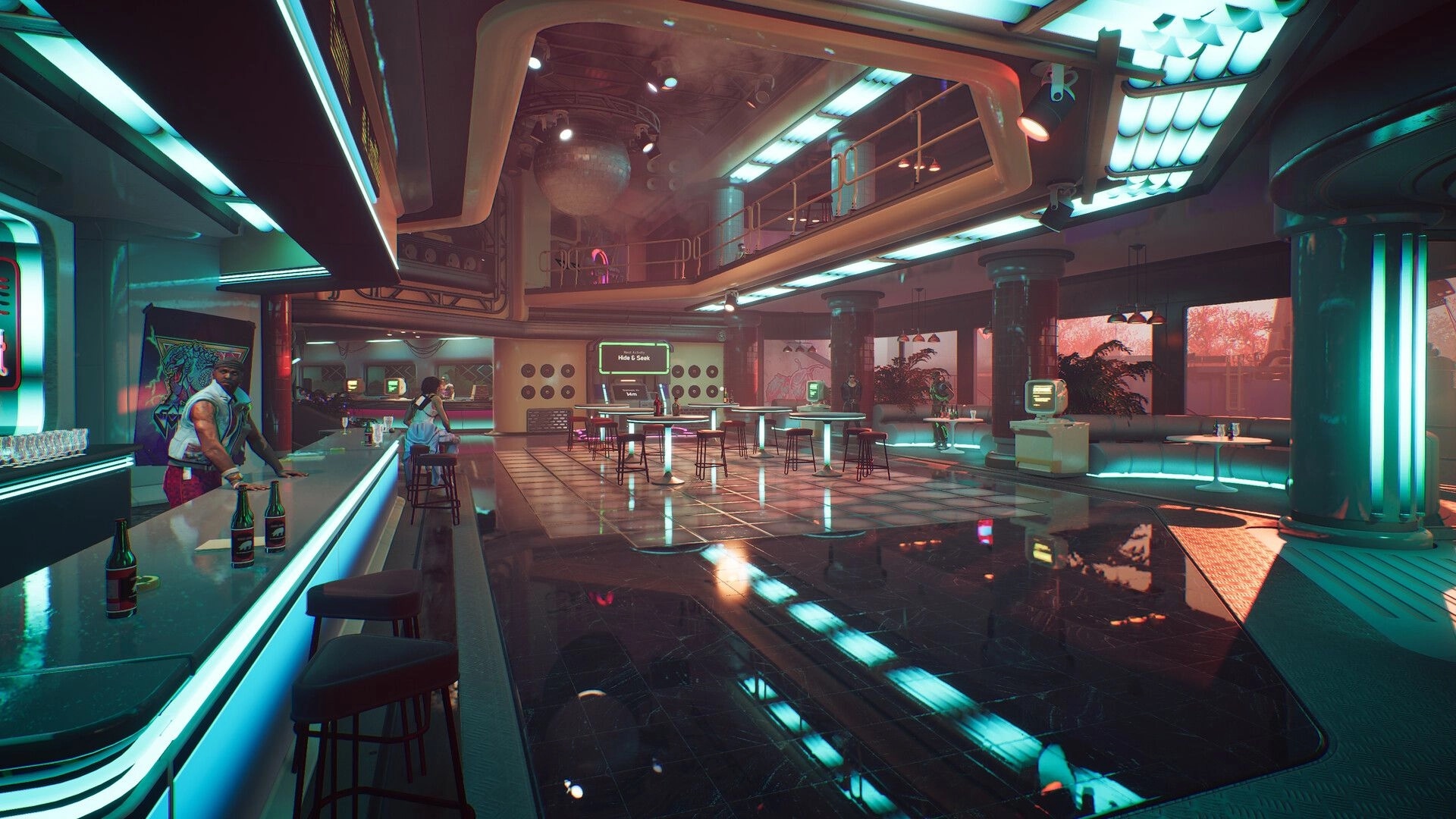 ASCENDANT: Two characters in a futuristic bar setting with neon lights and high-tech decor, engaging casually.