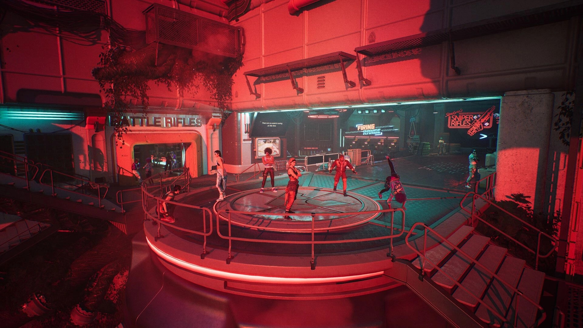 ASCENDANT: Players gather on a circular platform in a neon-lit arena with "Battle Rifles" sign nearby.
