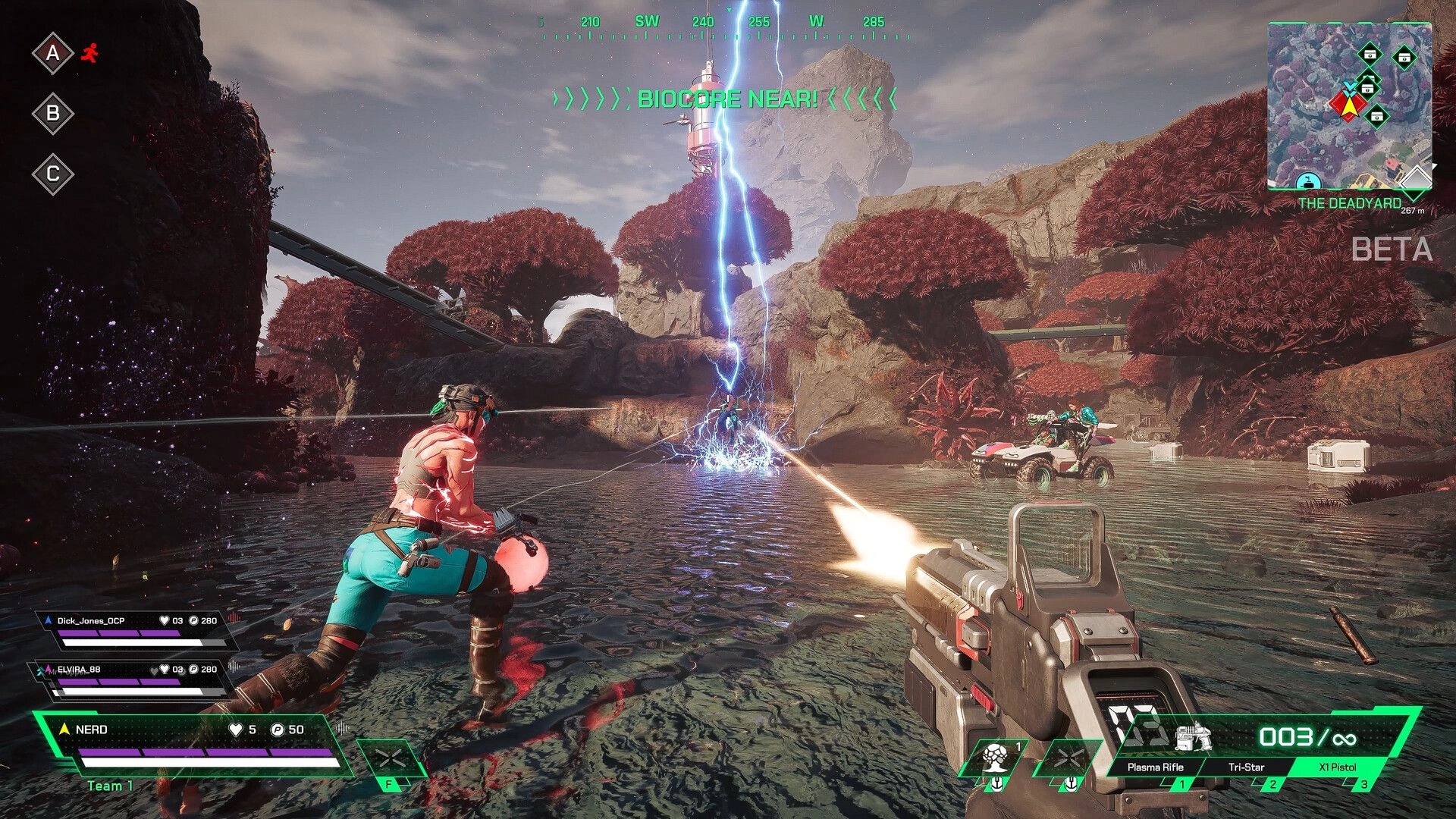 ASCENDANT: Player fires at Biocore in vibrant forest setting with teammates and UI elements visible