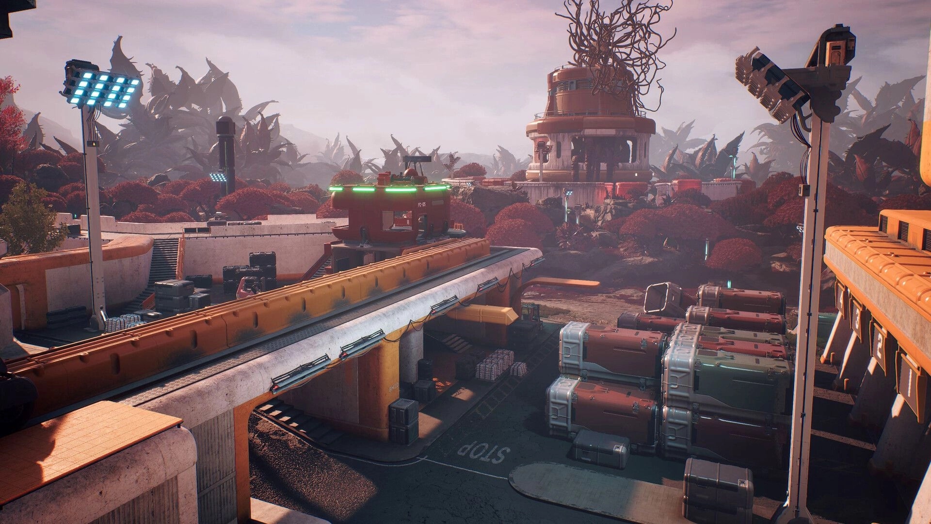 ASCENDANT: Elevated platform with neon-lit structure and dense alien flora in industrial complex setting