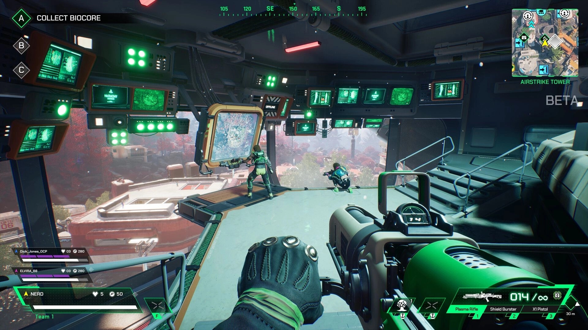 ASCENDANT: Player aiming plasma rifle in control room with two teammates overlooking vibrant bio-dome landscape