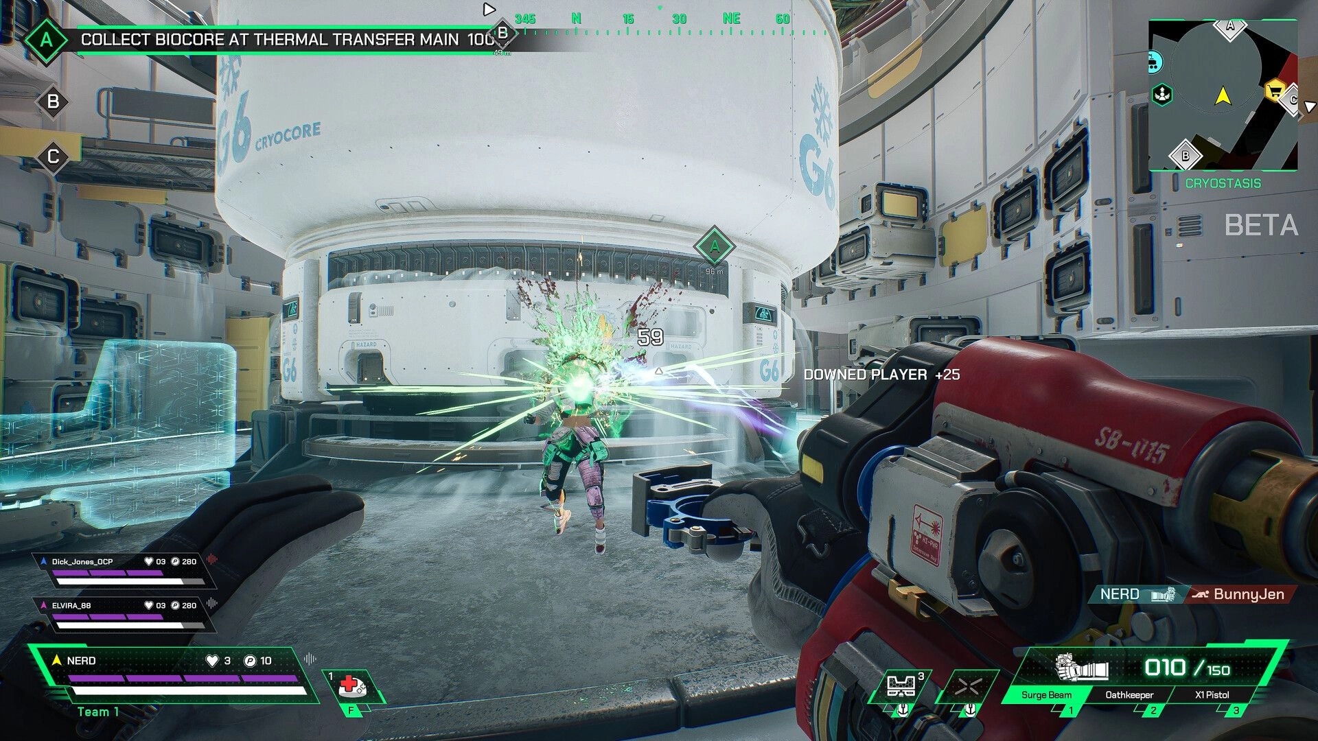 ASCENDANT: Player NERD uses Surge Beam to down opponent in futuristic cryostasis facility.