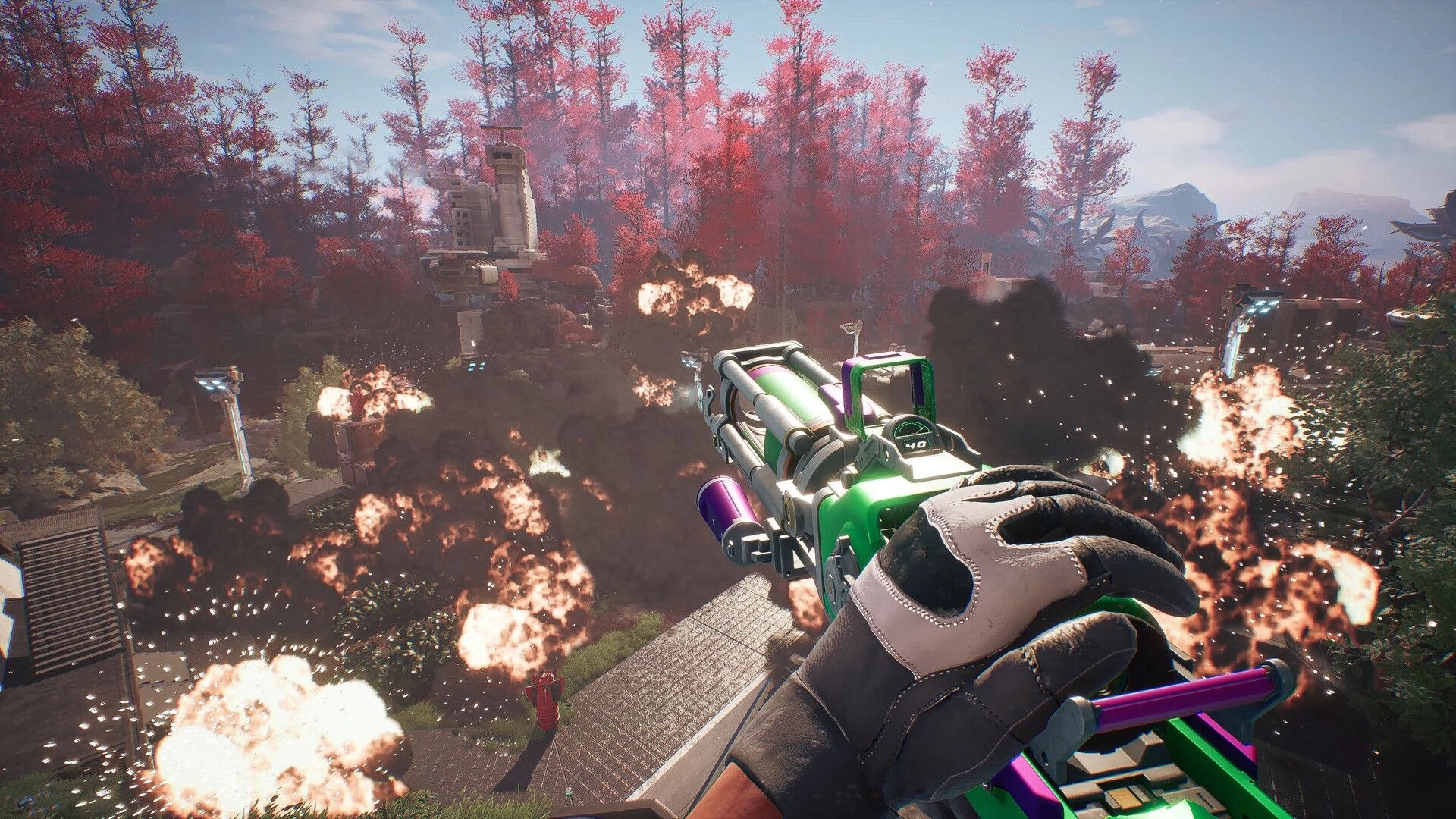 ASCENDANT: First-person view wielding a futuristic weapon amidst explosions in a vibrant forest arena.