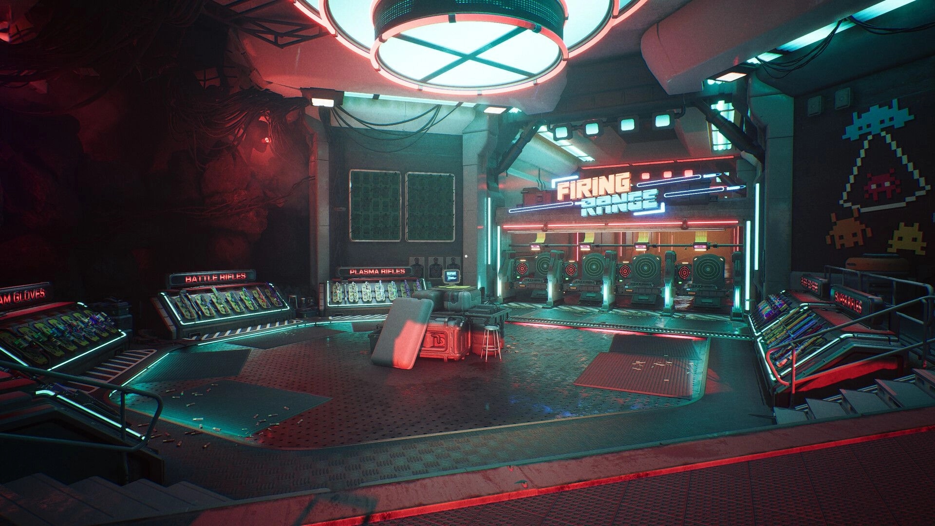 ASCENDANT: Neon-lit firing range with plasma rifles and battle rifles displayed in futuristic arena