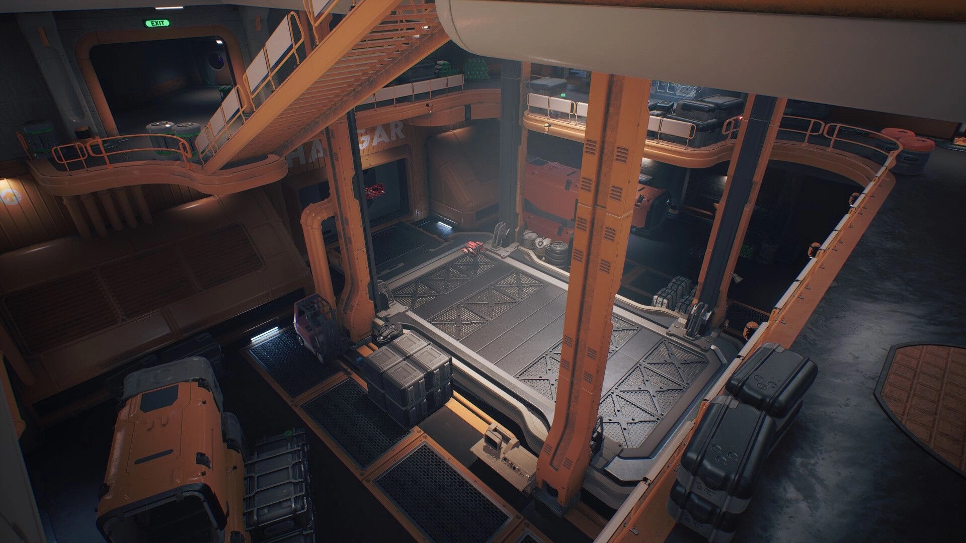 ASCENDANT: Industrial hanger with stacked crates and orange machinery in a futuristic interior setting