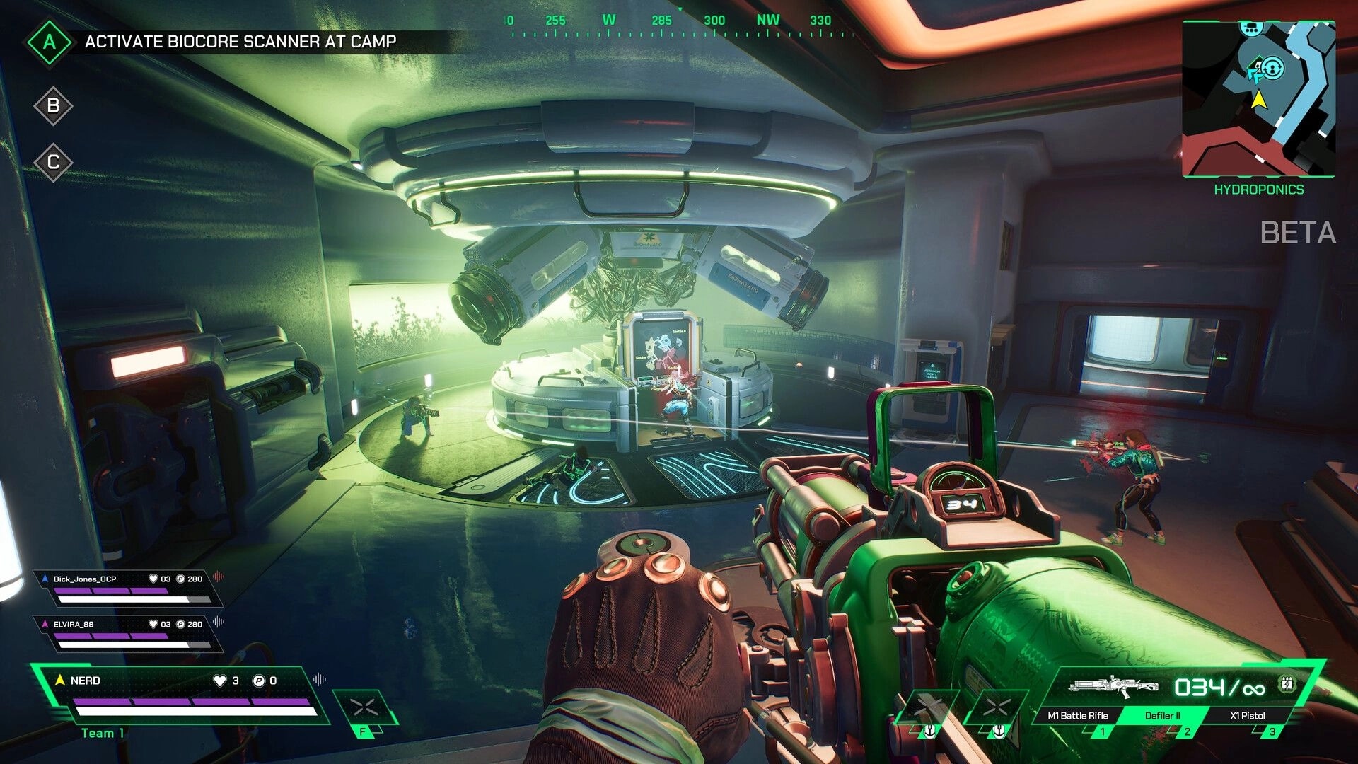 ASCENDANT: First-person view aiming at enemies near biocore scanner in futuristic hydroponics lab.