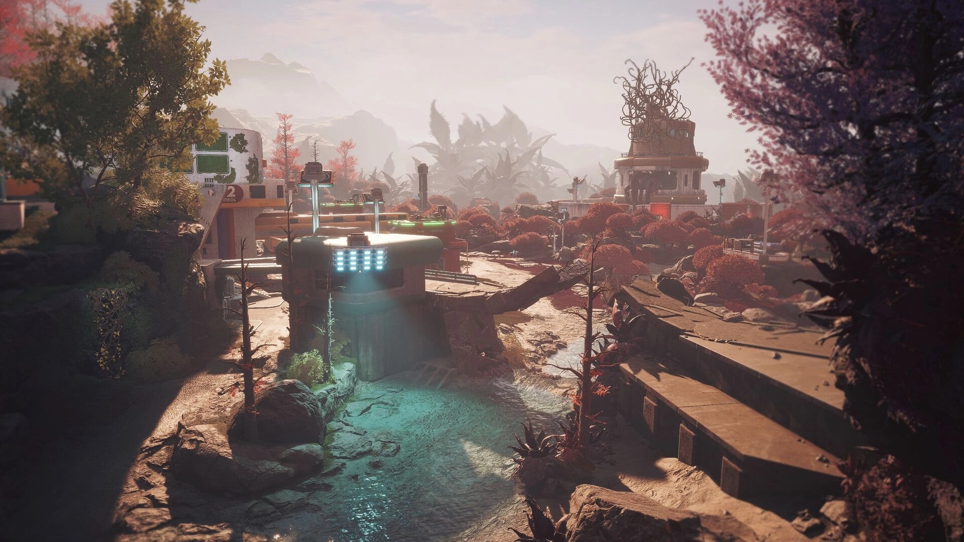 ASCENDANT: Scenic overview of a futuristic arena with lush vegetation and advanced structures