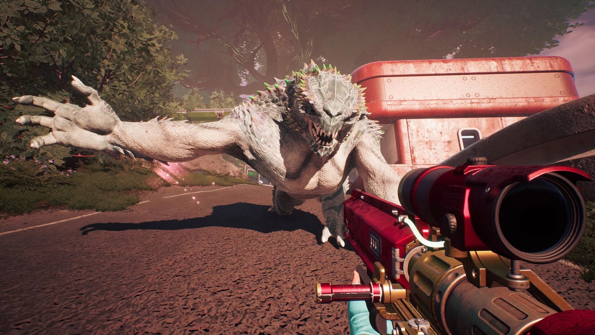 ASCENDANT: Player aims sniper rifle at charging mutant creature on forest path near industrial structure
