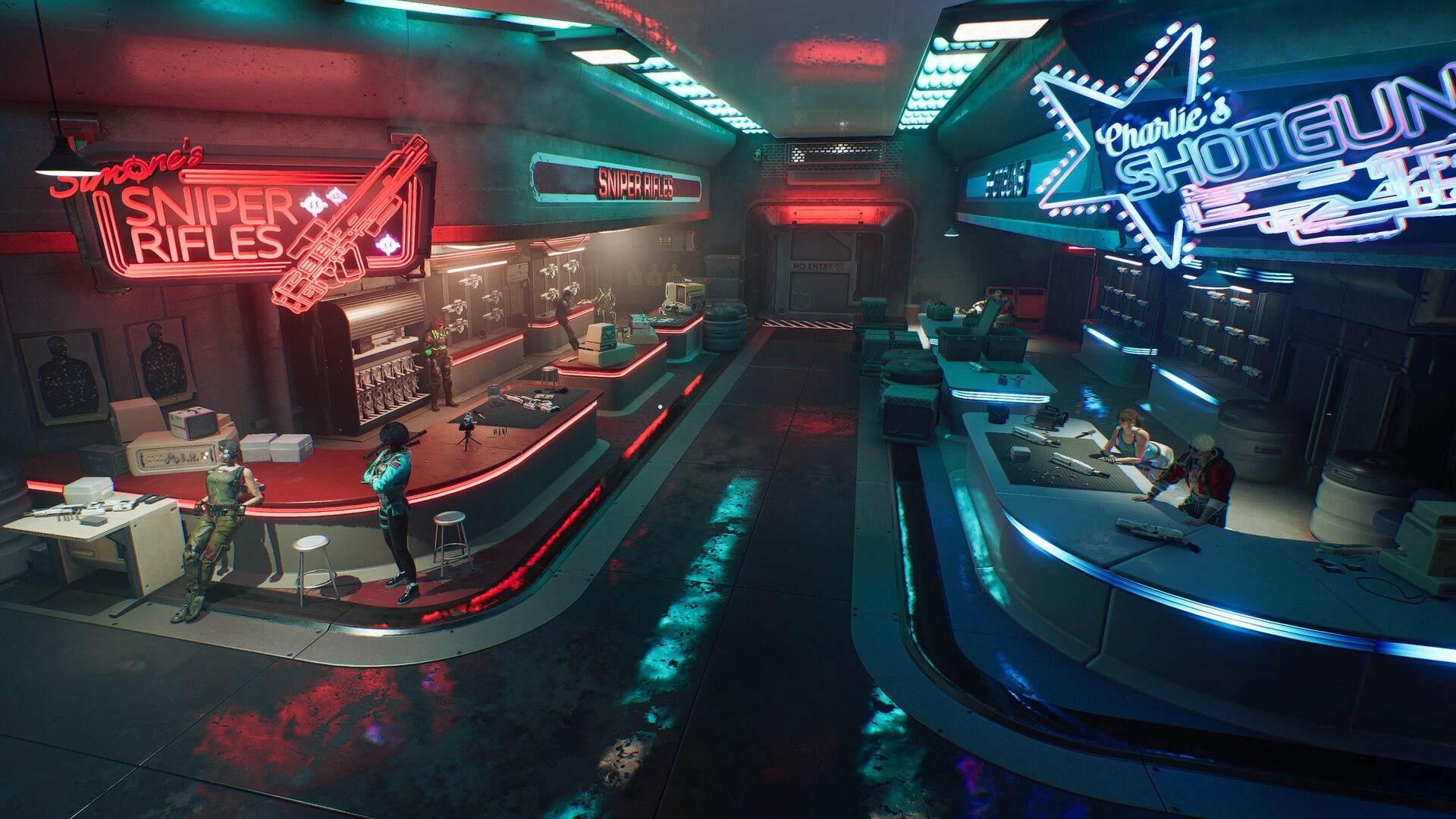 ASCENDANT: Neon-lit weapon shop with players browsing sniper rifles and shotguns in a futuristic market