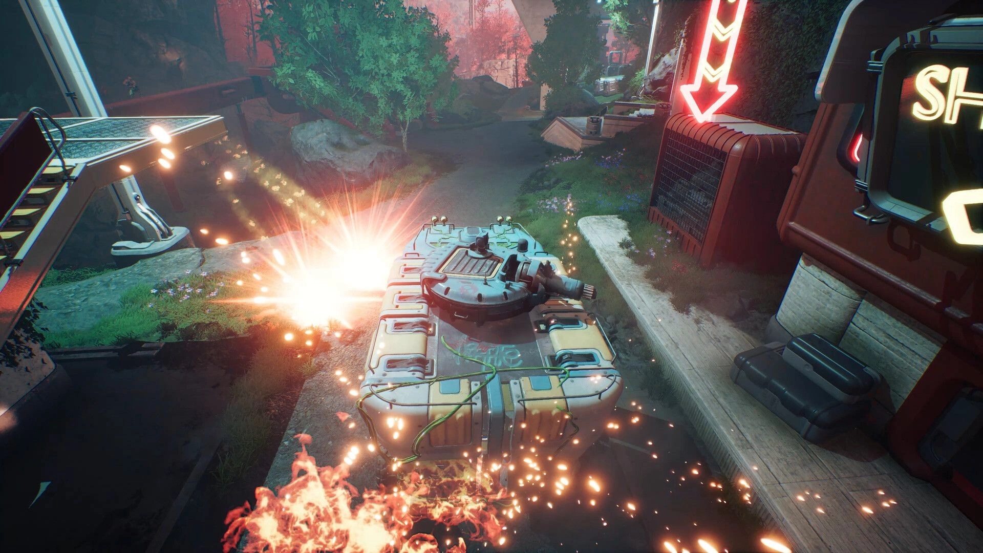 ASCENDANT: Explosive combat with a tank firing amidst neon signs in a dense, futuristic urban jungle