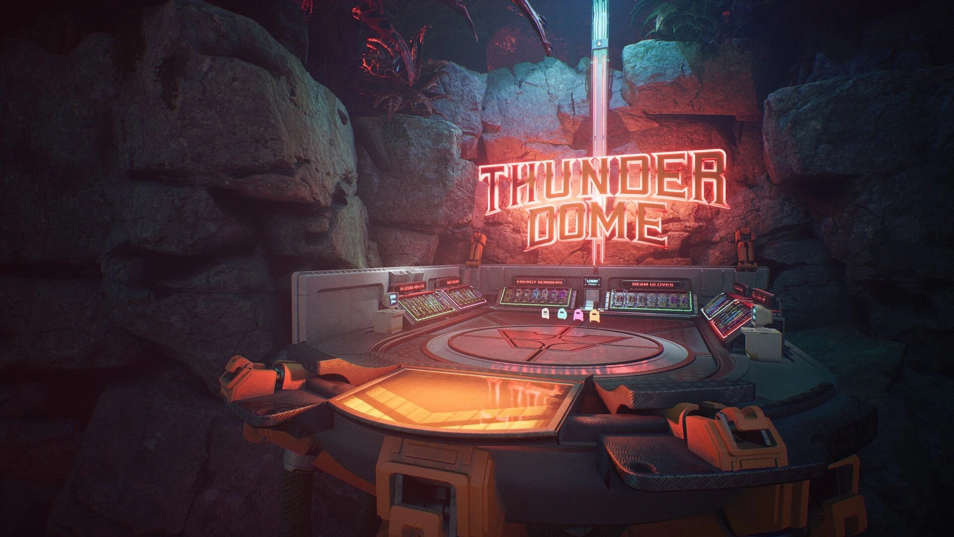 ASCENDANT: Central control table with glowing "THUNDER DOME" sign in a rocky, high-tech arena setting.