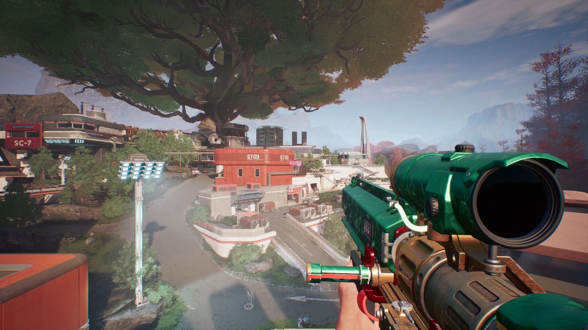 ASCENDANT: Player aiming sniper rifle at futuristic complex with large tree and industrial buildings
