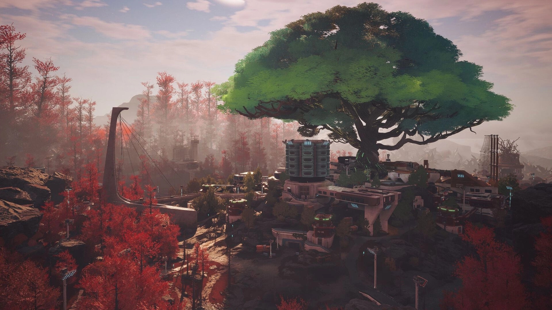 ASCENDANT: Expansive Biopunk landscape with towering tree and futuristic structures amidst red foliage