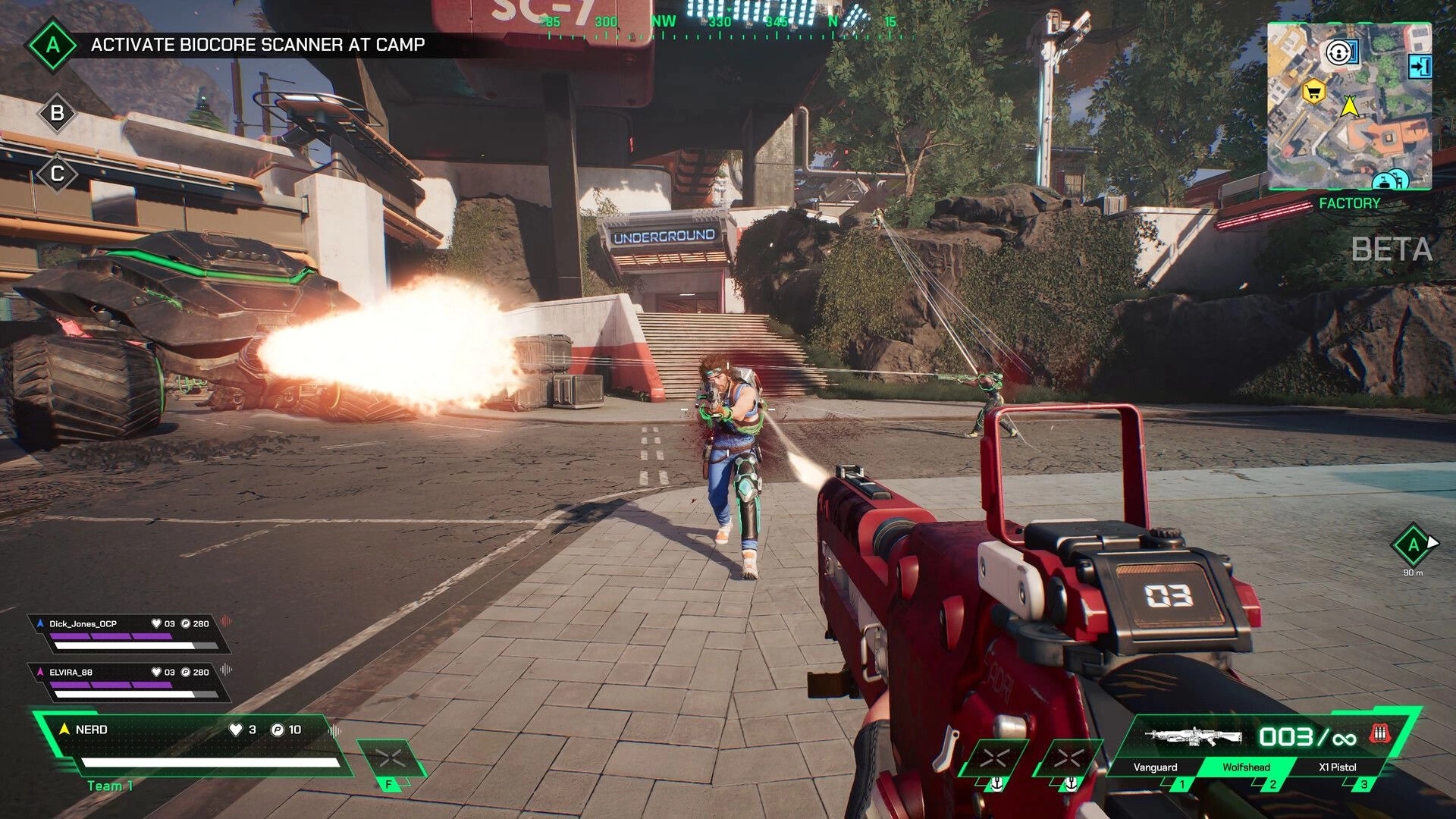 ASCENDANT: First-person combat with player aiming at an enemy near exploding vehicle in urban setting.