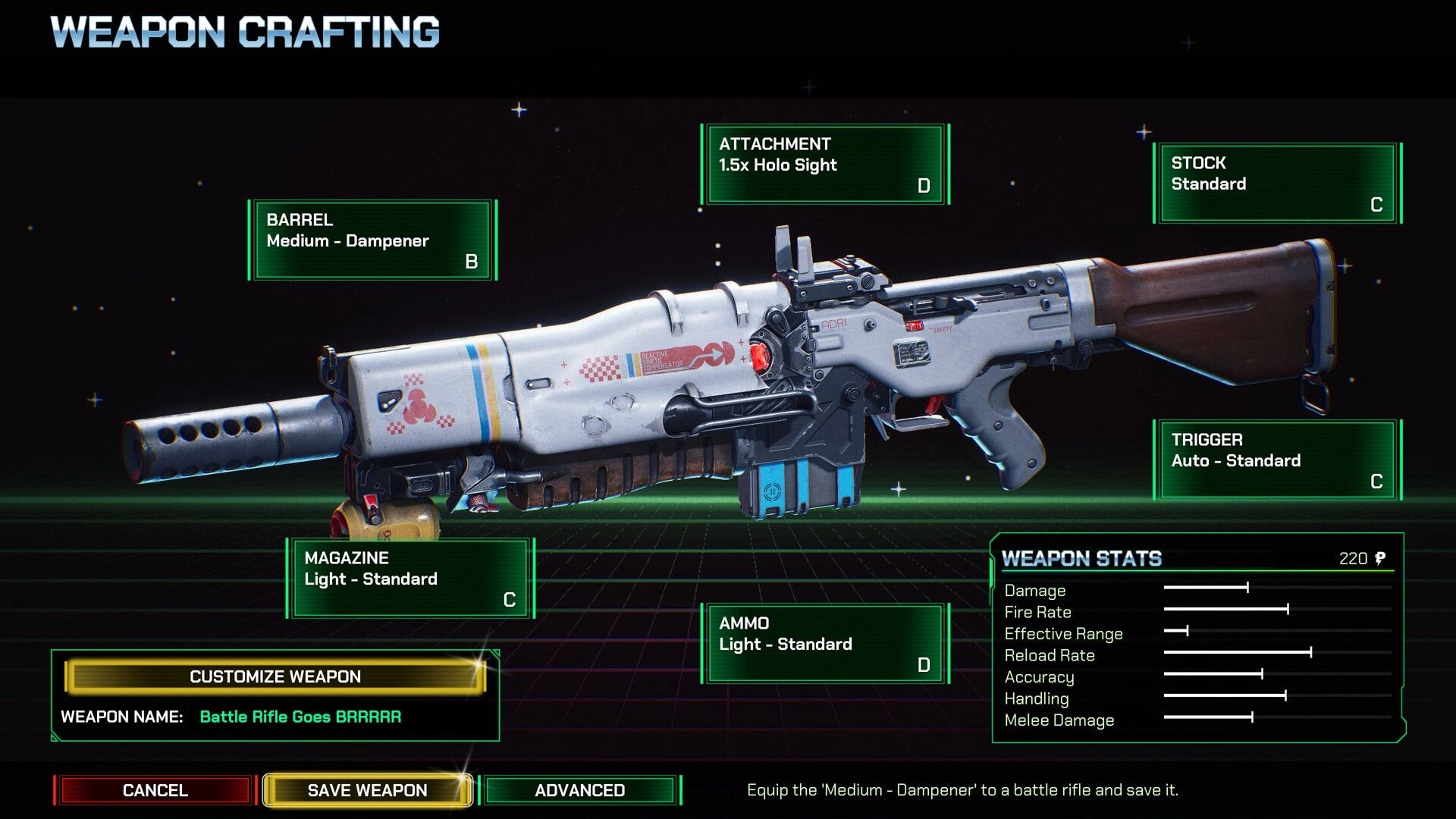 ASCENDANT: Weapon crafting screen with detailed rifle components and customization options in menu