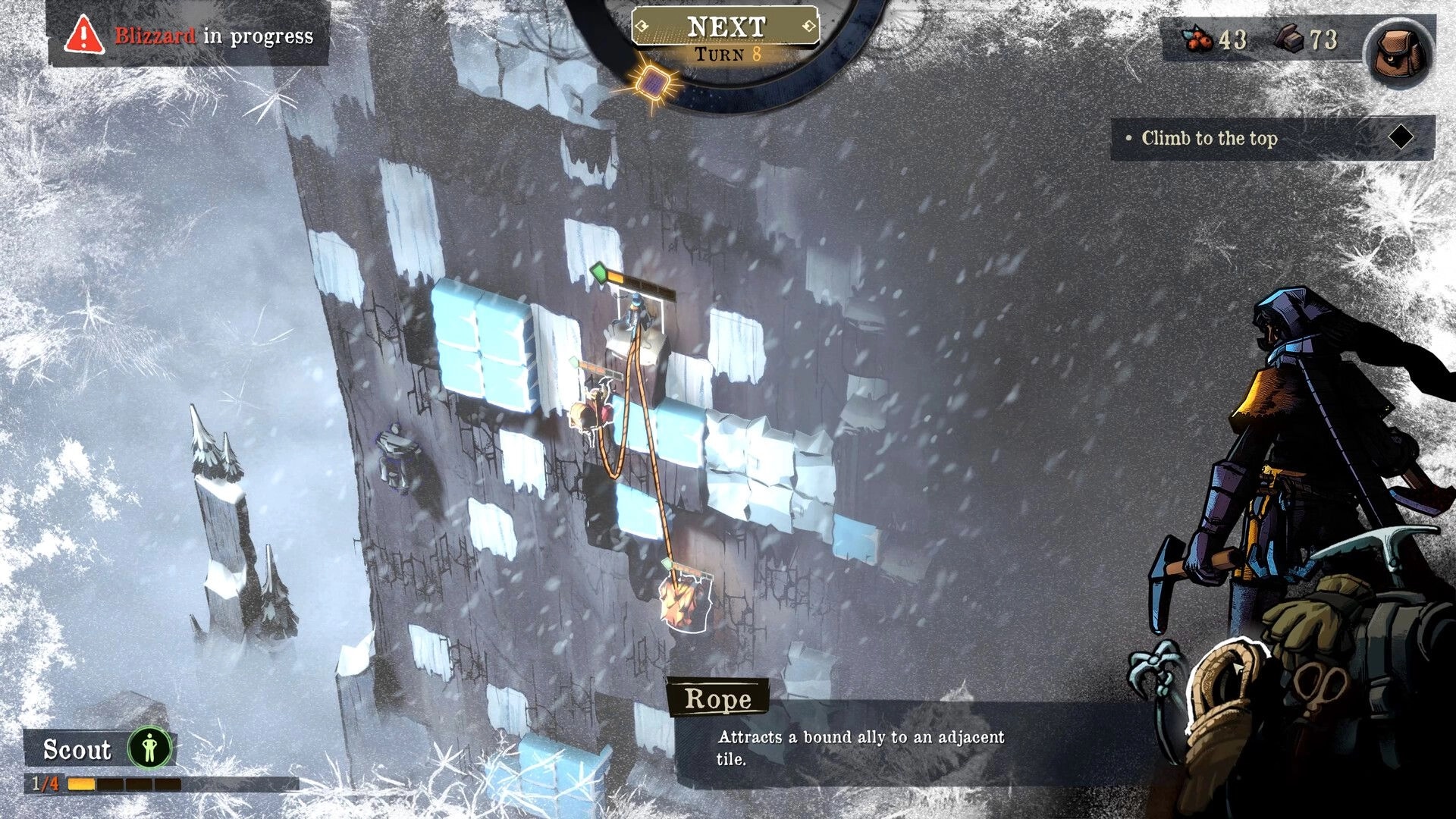 Ascenders: Roped climbers scaling icy cliff during blizzard, turn 8 UI and climb objective visible.