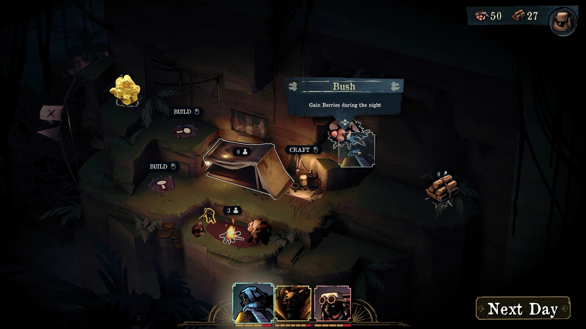Ascenders: Camp management view with tent, build/craft nodes, and bush tooltip in dark ravine camp.