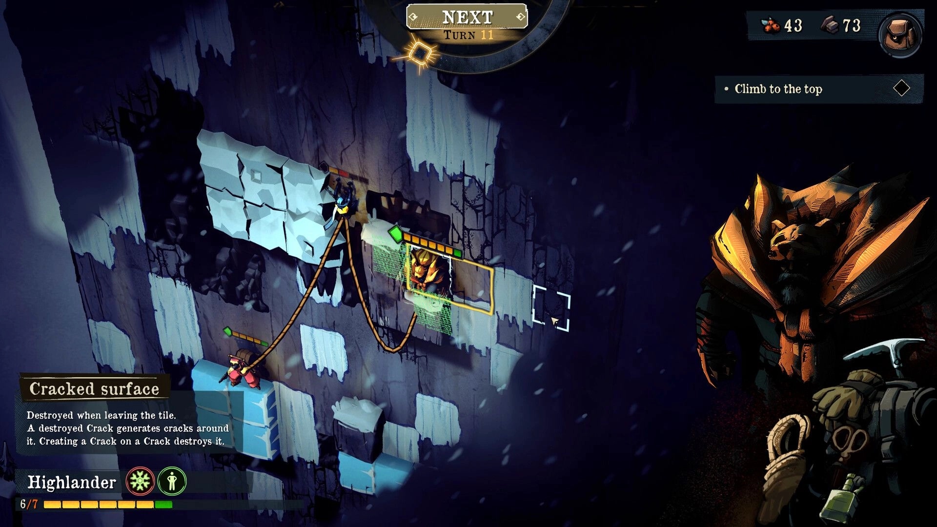 Ascenders: Rope-linked climbers scale icy cliff tiles with cracked surface tooltip and Next turn UI.