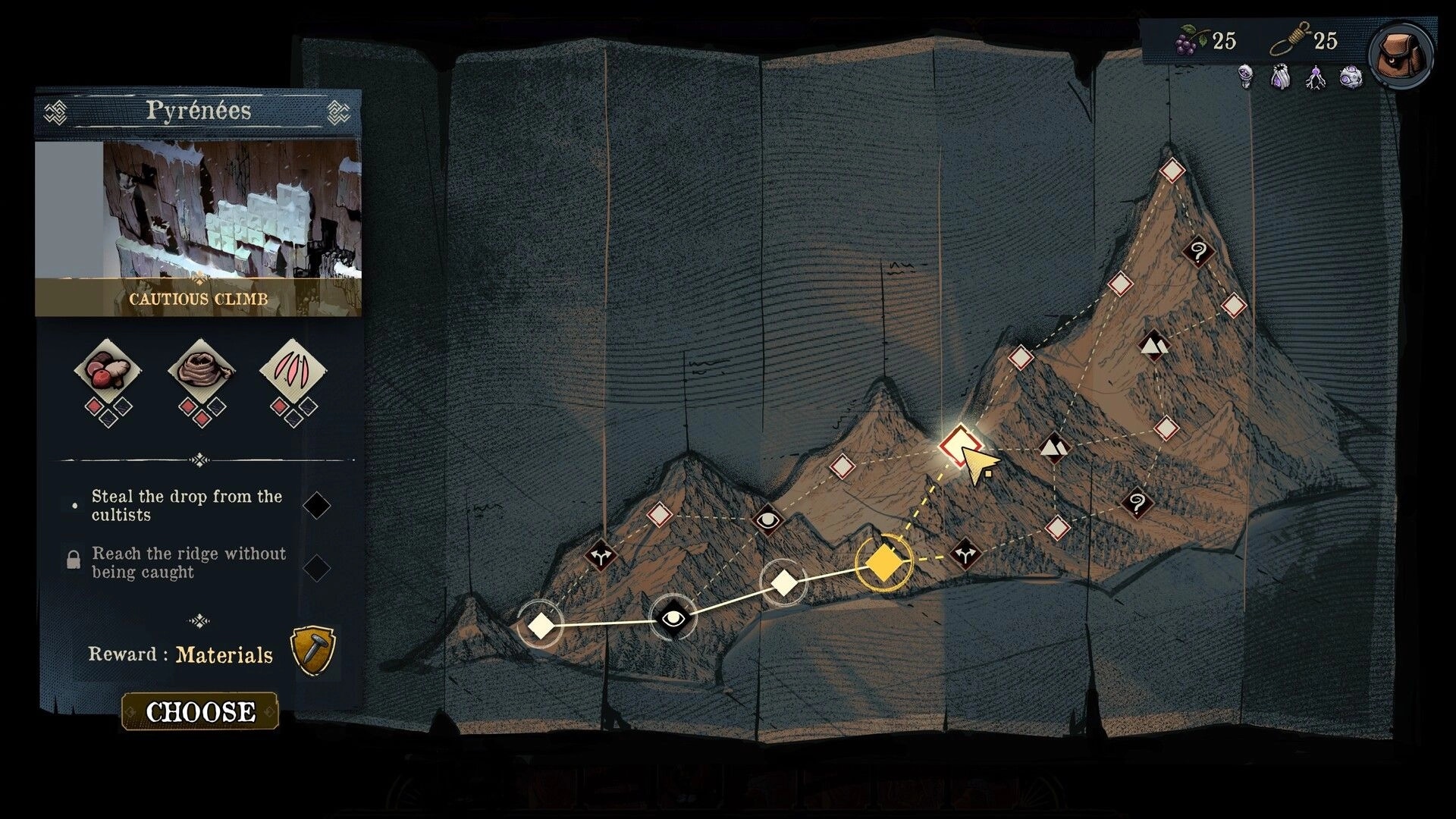 Ascenders: Mission select map with branching mountain nodes and objectives panel in Pyrenees region.