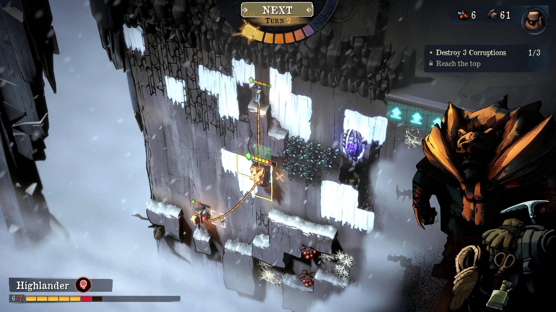 Ascenders: Two climbers ascend icy cliff via rope, Turn 2 UI and objective panel on right.