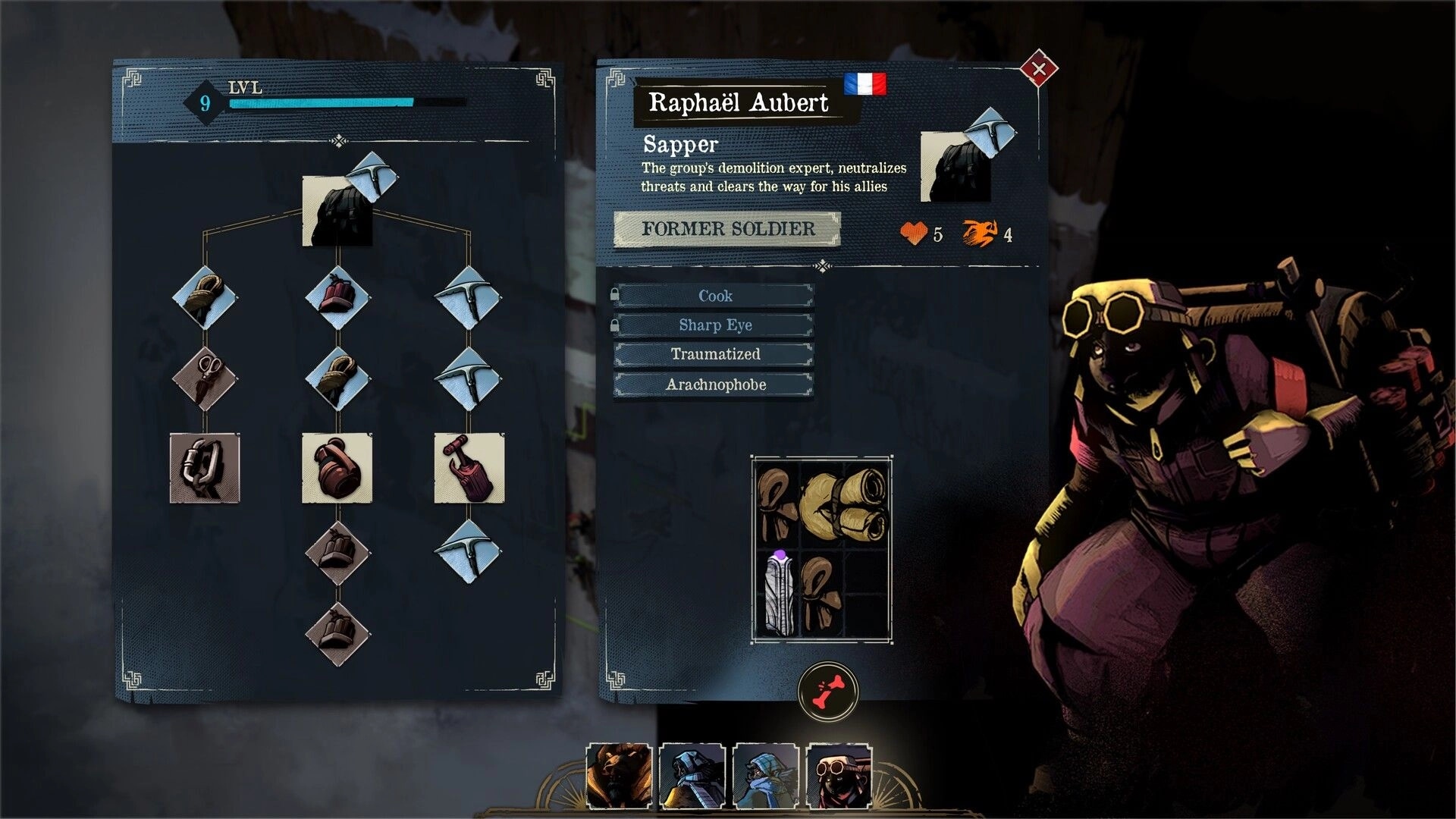 Ascenders: Character sheet for Raphaël Aubert with level 9 skill tree, traits, and gear slots UI.
