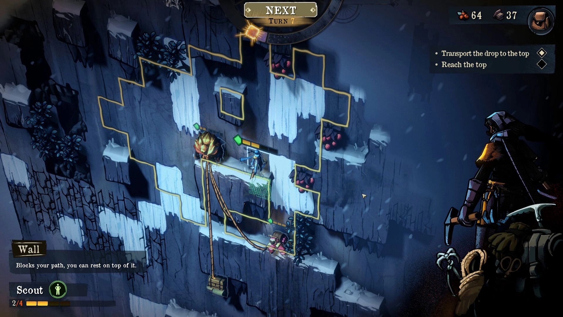 Ascenders: Scout climbers on icy cliff grid with rope drop, Next Turn 7 and objective UI visible.