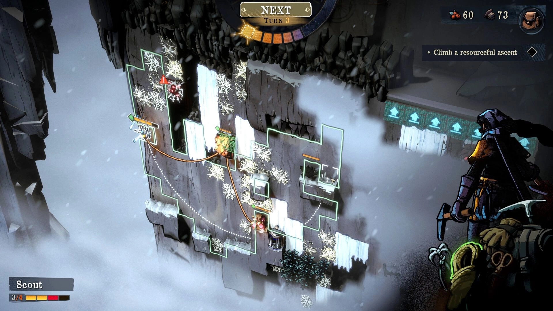 Ascenders: Scout plots rope route on icy cliff map with Next Turn UI and resource counters in fog.