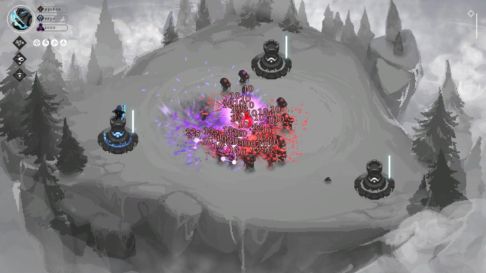 Ash Warden: Player defends against enemy waves with turrets on a snowy cliff with damage numbers visible