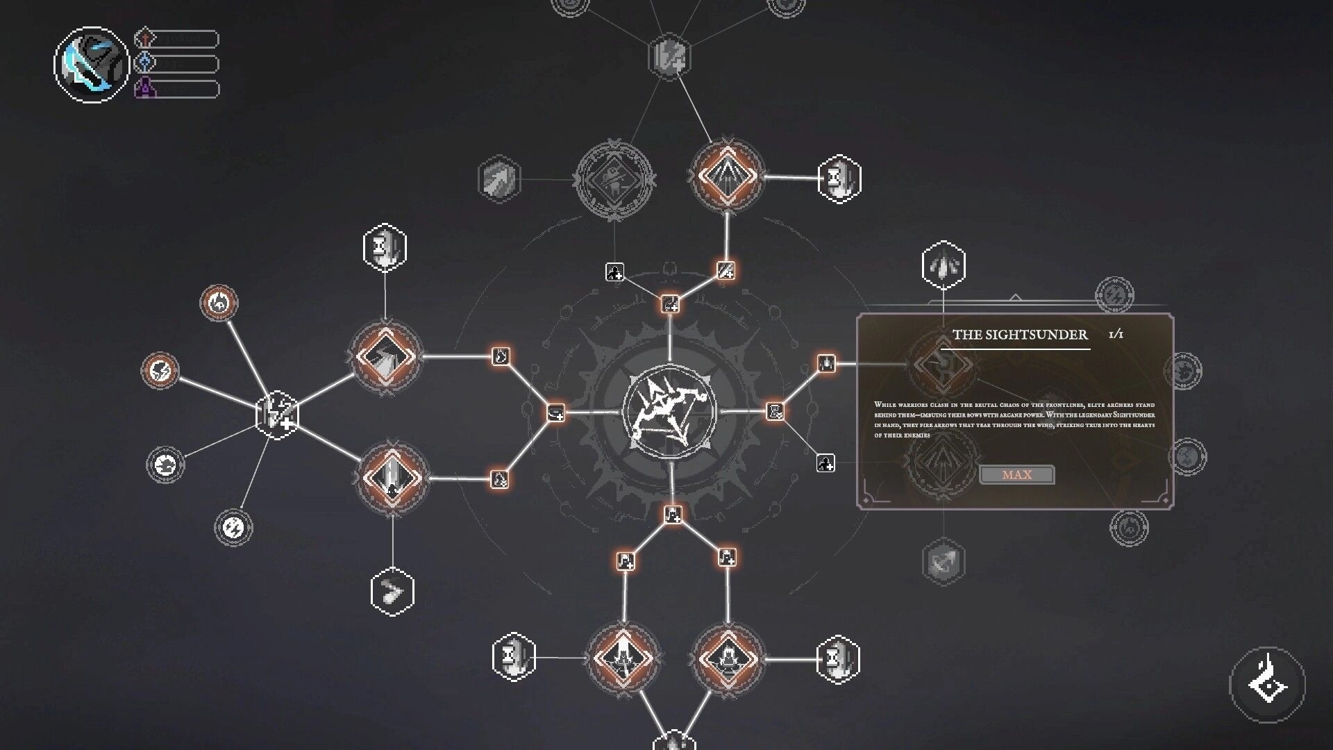 Ash Warden: Skill tree interface with "The Sightsunder" ability description and multiple upgrade paths