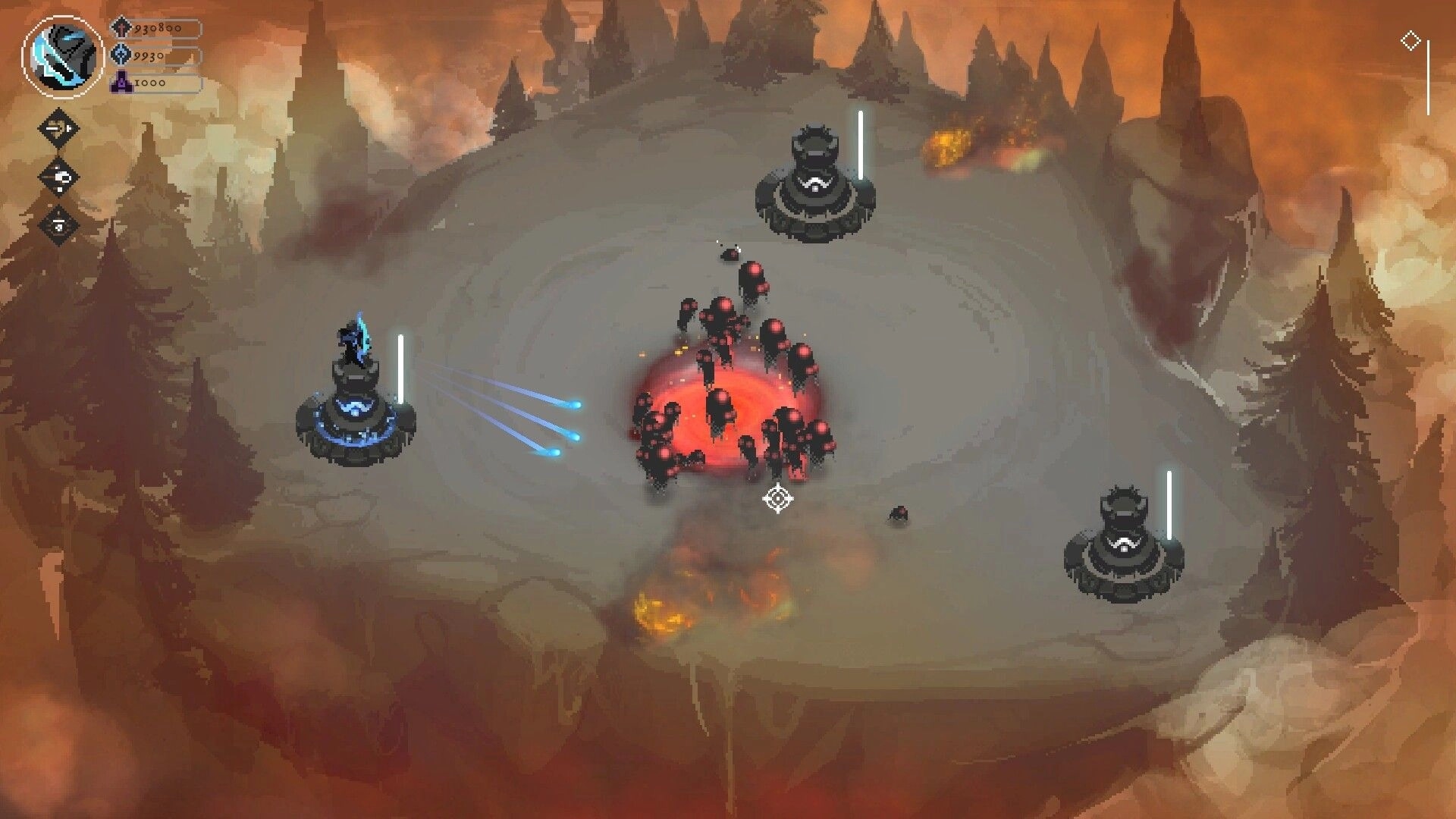 Ash Warden: Defending towers against Redgaze hordes on a fiery plateau with UI elements on the left