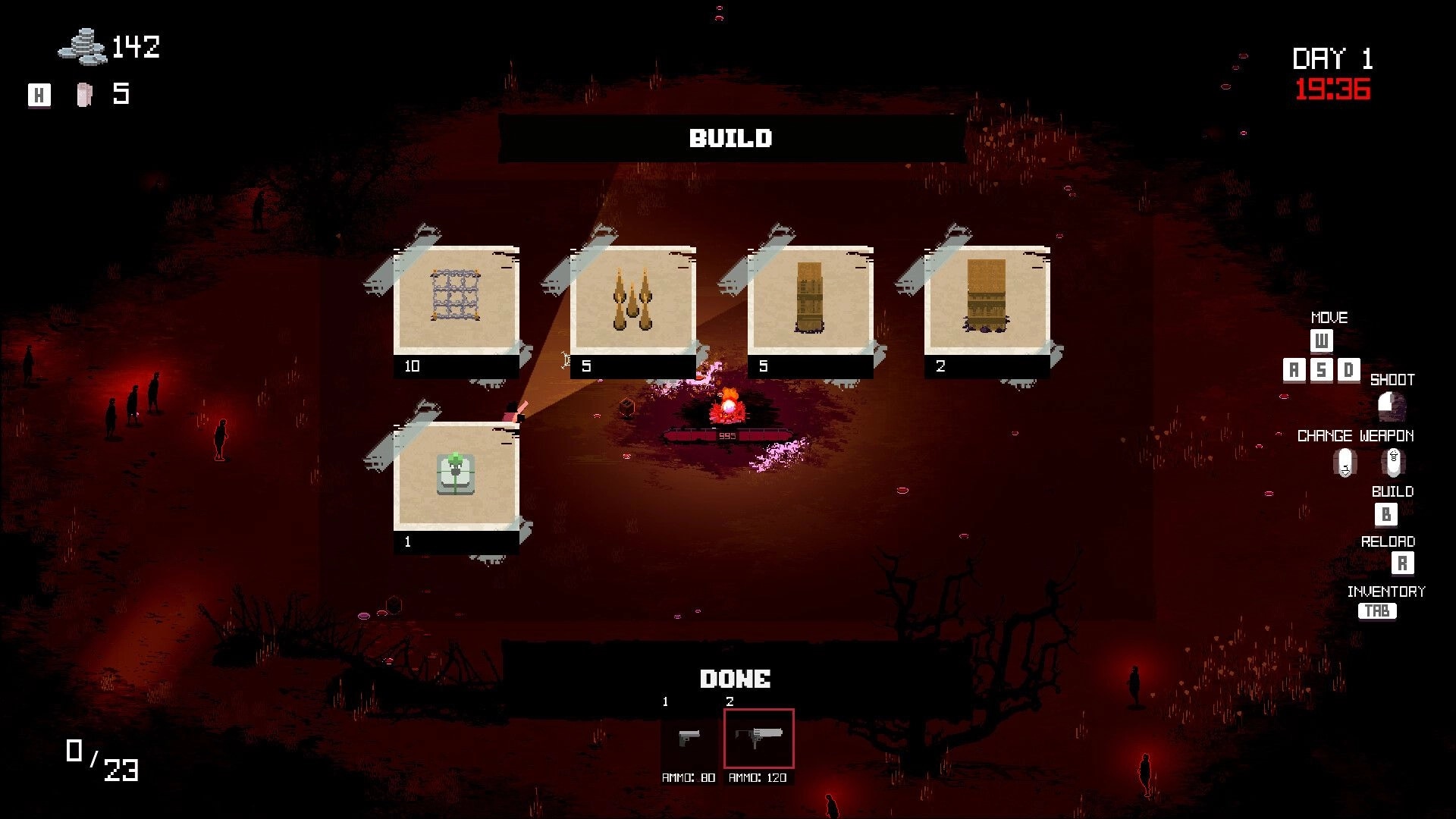 Ashes Remember Us: Build menu with traps and weapons, surrounded by dark forest setting